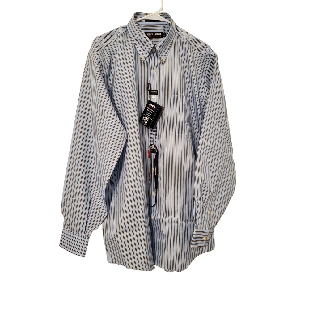 Kirkland Signature Mens Non-Iron Dress Shirt Blue Brown Striped 16.5 x 36 365676